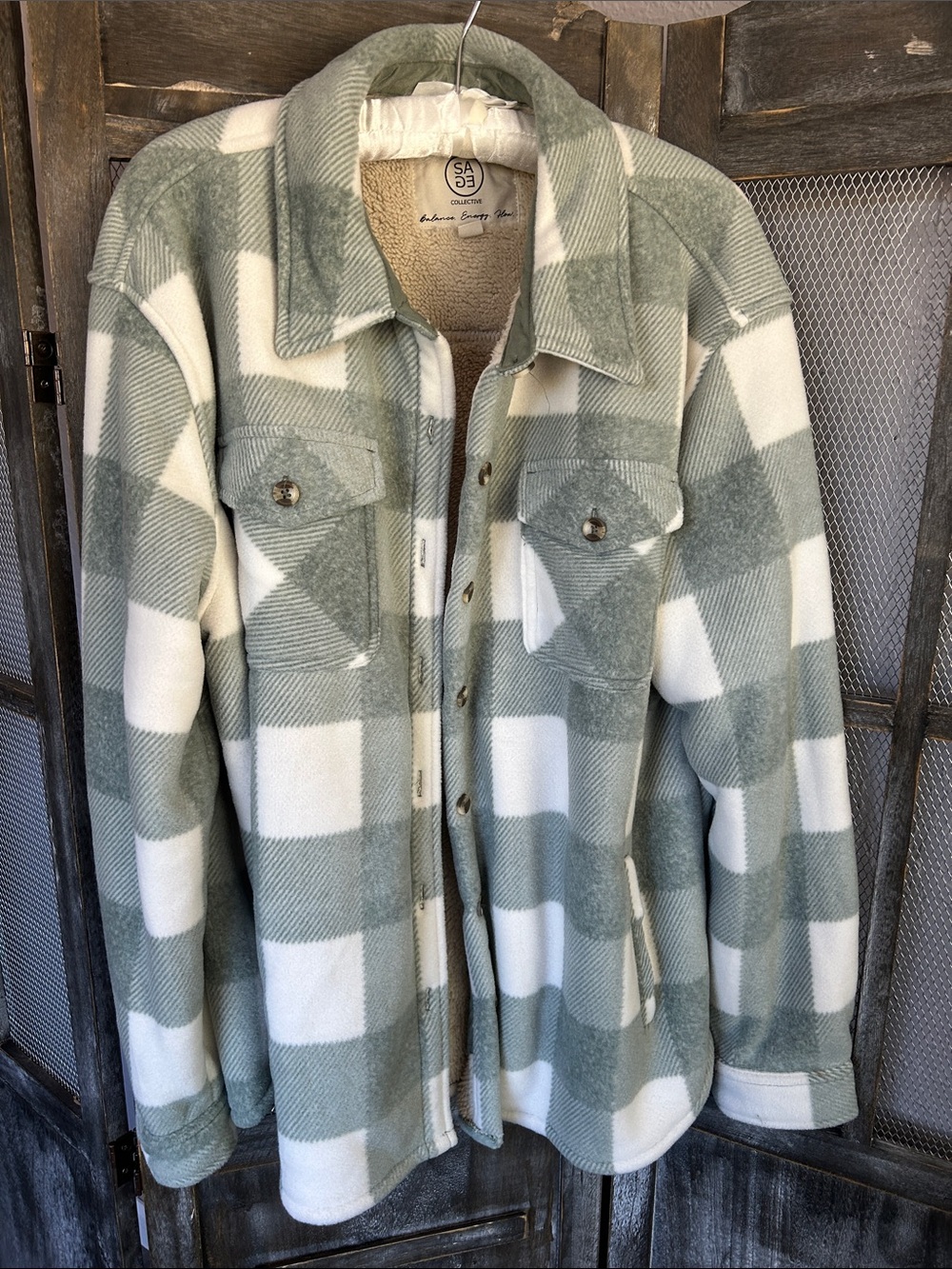 Womens Plaid Sherpa-Lined Shacket - Sage & White